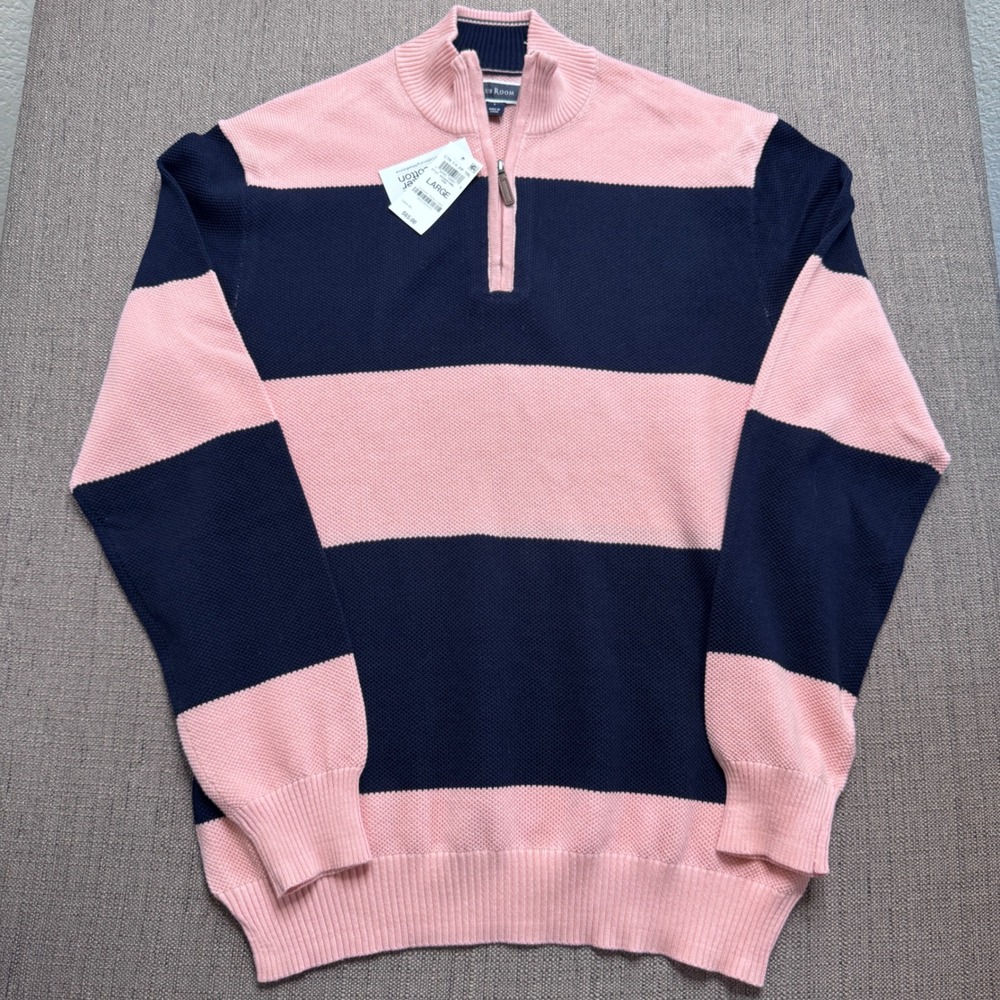Club Room Mens Large Navy Pink Striped Quarter Zip Cotton Sweater 100190970MN
